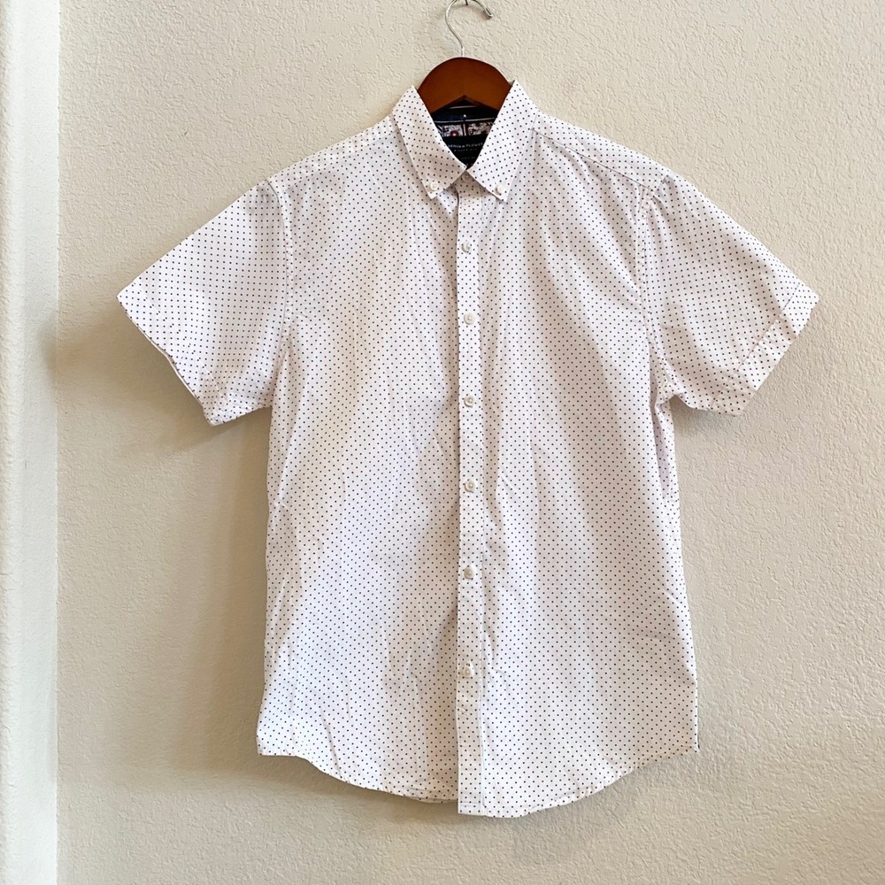 DENIM & FLOWER Ricky Singh Men White Navy Red Dot Slim Fit Small Short Sl Shirt